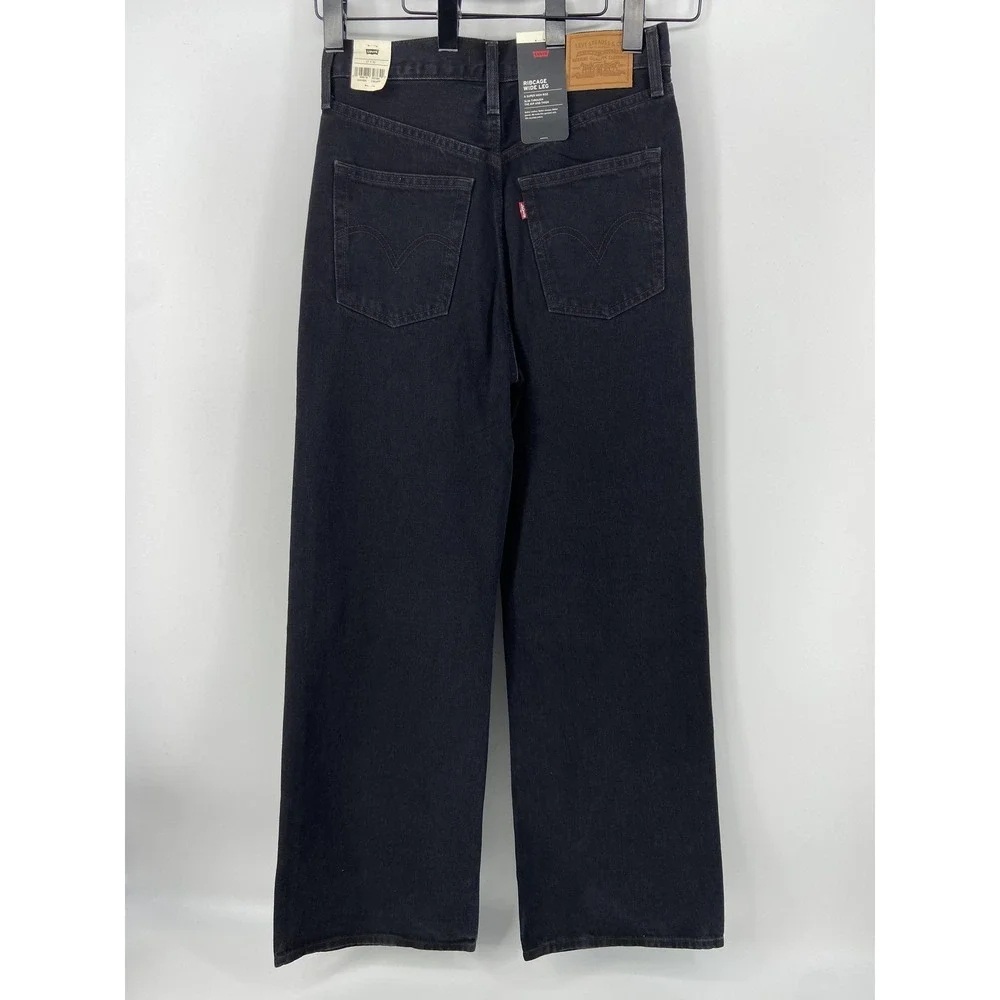 Levis Jeans Womens 27x32 Black Ribcage Wide Leg High Rise Denim Casual Premium - Picture 2 of 10